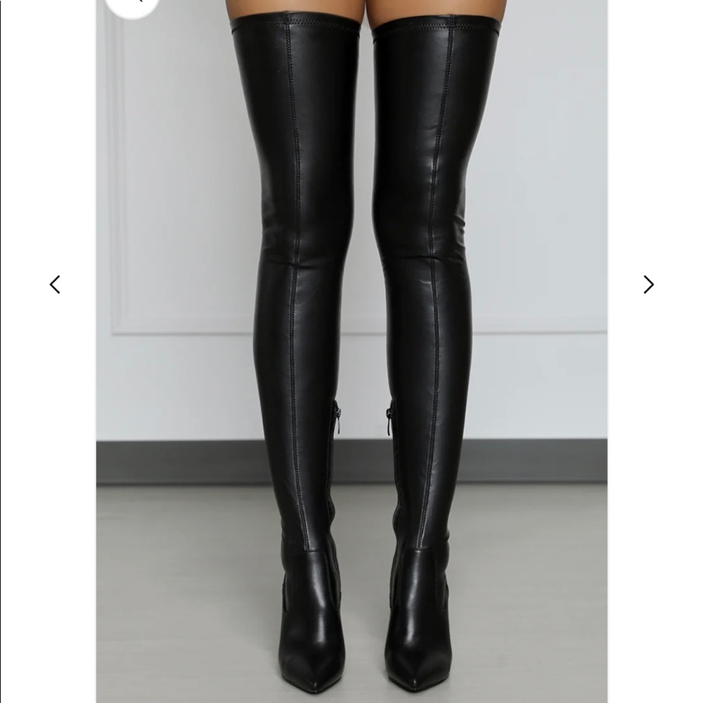 New (with box) black PU thigh high stretch heel boot